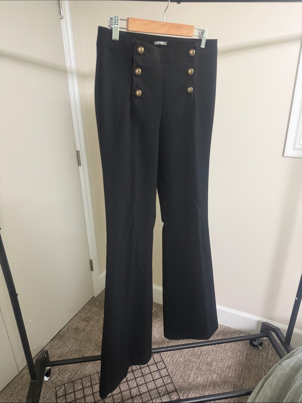 Express Black Sailor-Style Bootcut Pants with Gold Buttons